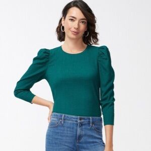 Chico’s 3 Women’s XL Green Textured Knit Romance Sleeve Tee Puff Sleeve Blouse